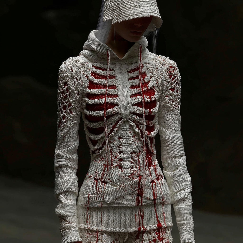 Halloween Bandage Skull Art Slim-fit Knit Hooded Sweater