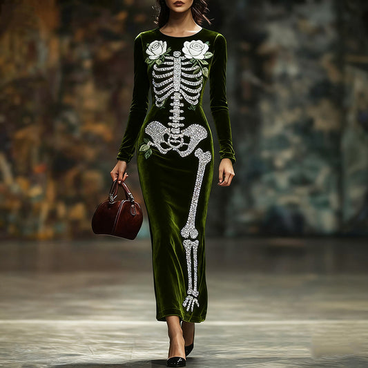 Women's White Rose Skeleton Velvet Crew Neck Maxi Dress