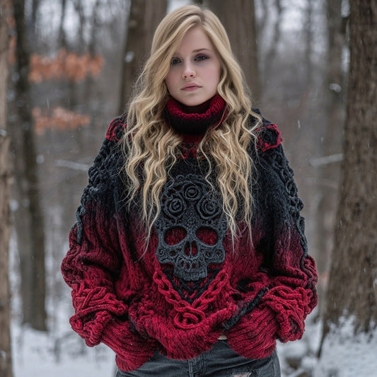 Women's Halloween Rose Celtic Skull Gradient Art Knit Turtleneck Sweater
