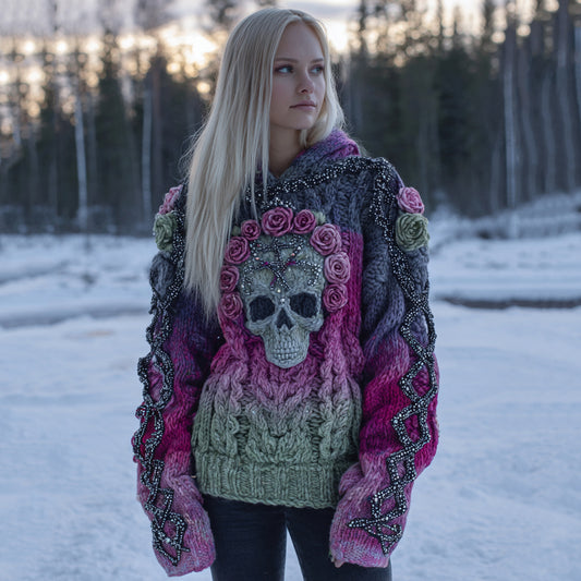 Women's Vintage Skull Flower Gradient Art Cozy Knitted Hooded Sweater