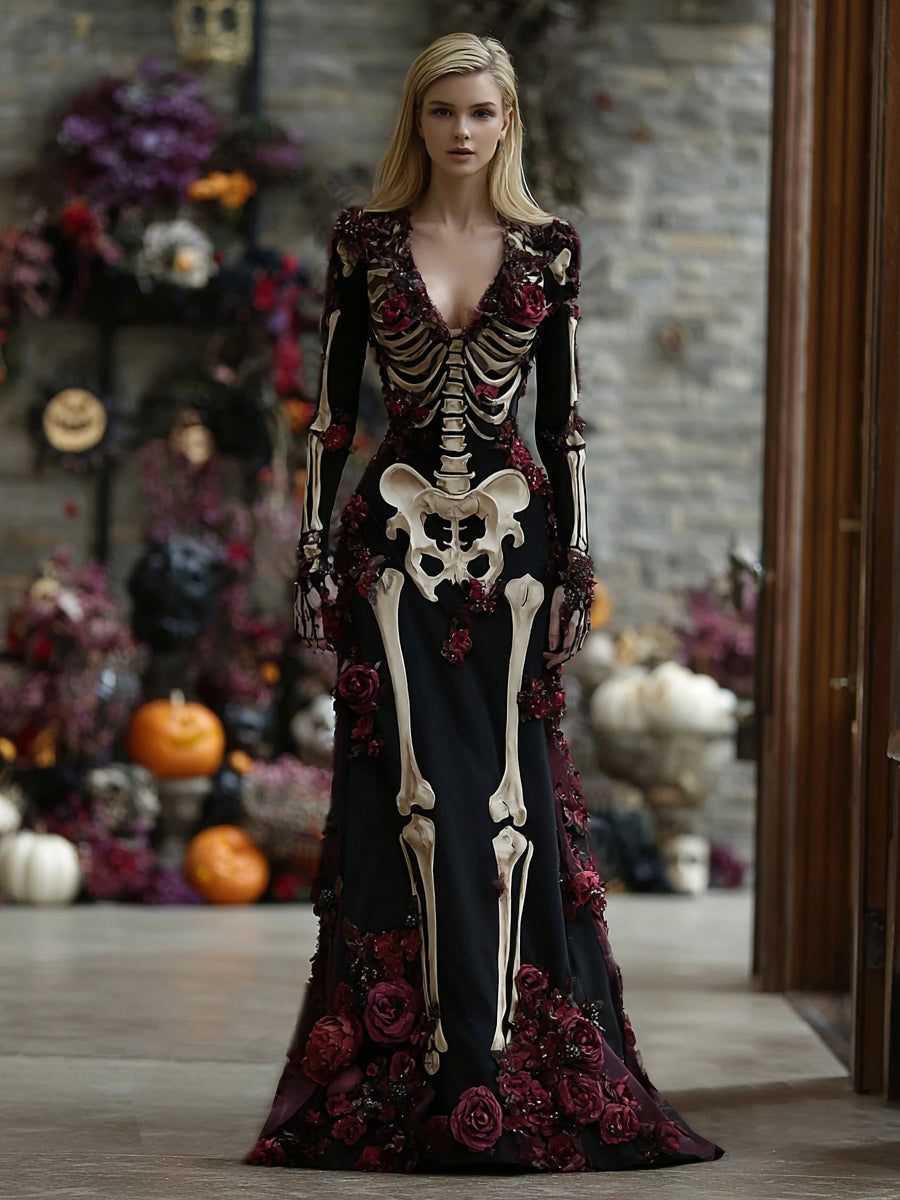 Women's Vintage Rose Skull V-neck Long Sleeve Velvet Maxi Dress