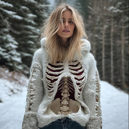 Women Halloween Realistic Human Anatomy Coarse Needle White Hooded Sweater