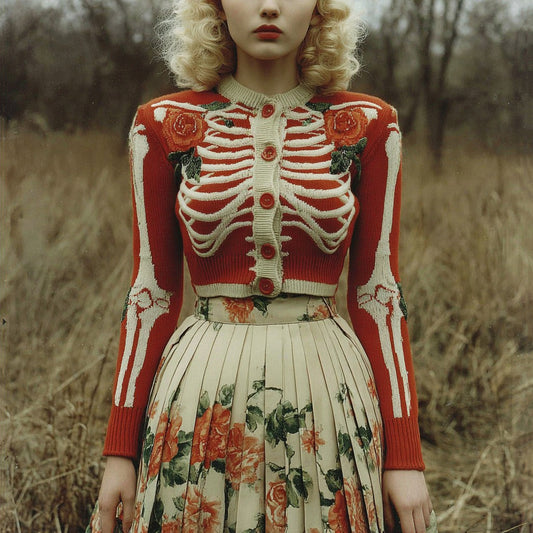 Women's Vintage Rose Skull Ribbed Pattern Cozy Knitted Sweater Cardigan