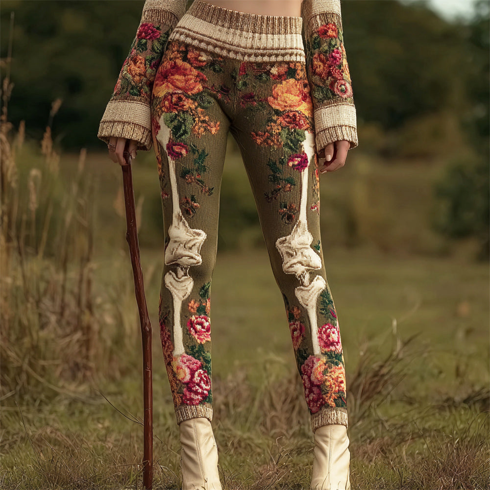Vintage Floral & Bone Art Women's Knit Leggings
