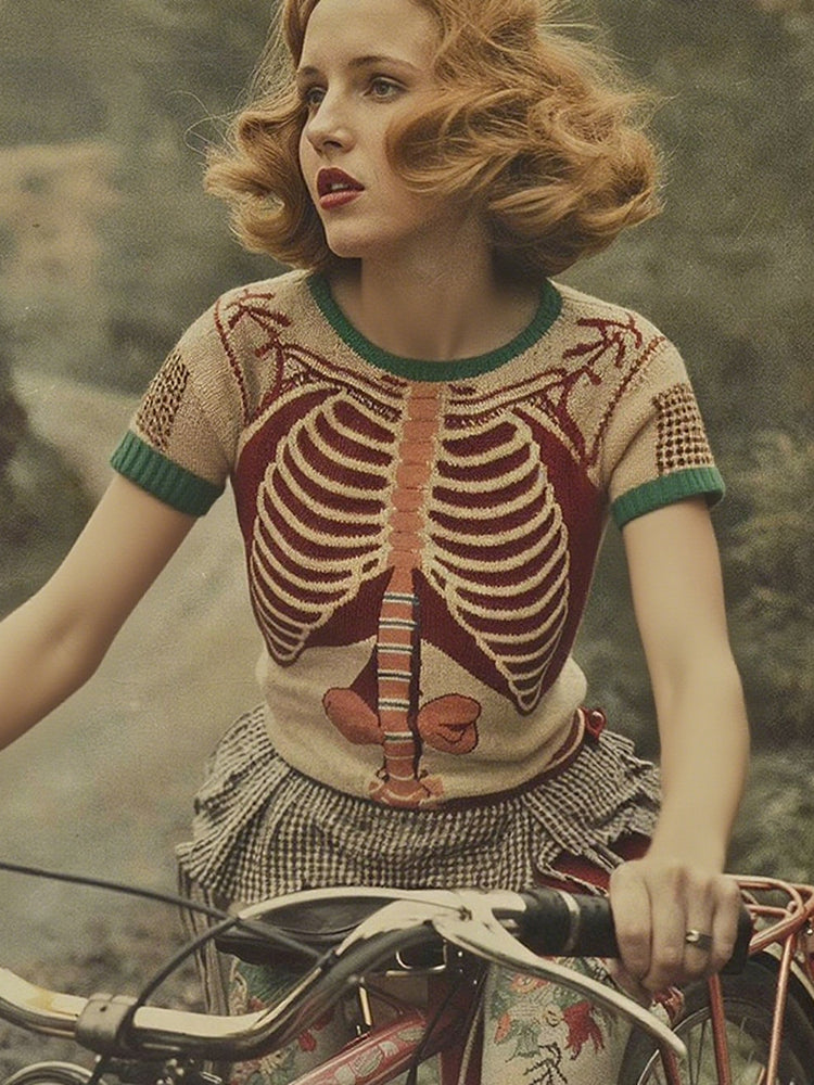 Vintage Classic Halloween Anatomy Art Short Sleeve Chunky Knitted Sweater