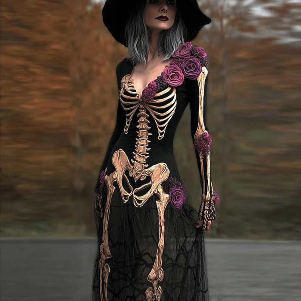 Halloween Human Anatomy And Floral V-neck Long Sleeved Dress