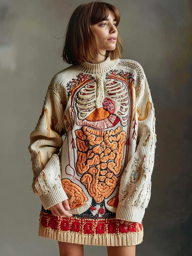 Vintage Halloween Anatomy Art Chunky Knitted Sweater Dress
