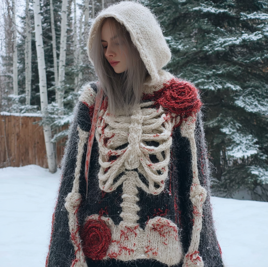 Lady's Halloween Gothic Style Skull Skeleton Pattern Knitted Sweater