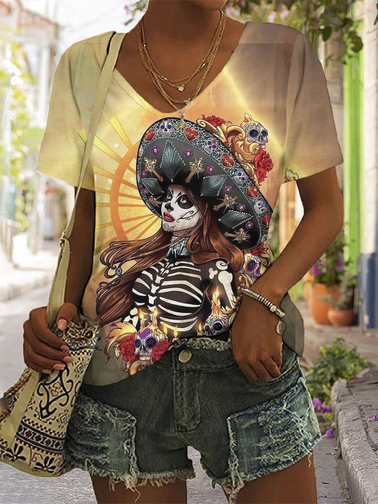 Mexican Linda La Catrina Day Of The Dead Art Pattern Print Cotton Graphic T-Shirt