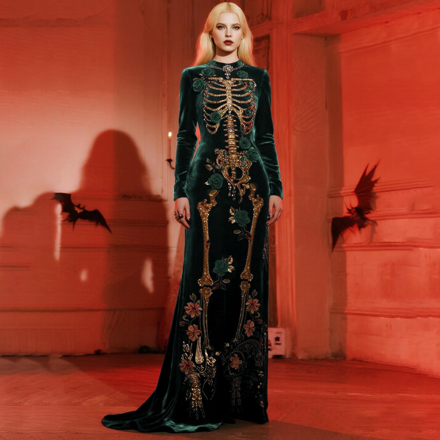 Women's Halloween Castle Rose Skeleton Velvet Round Neck Maxi Dress