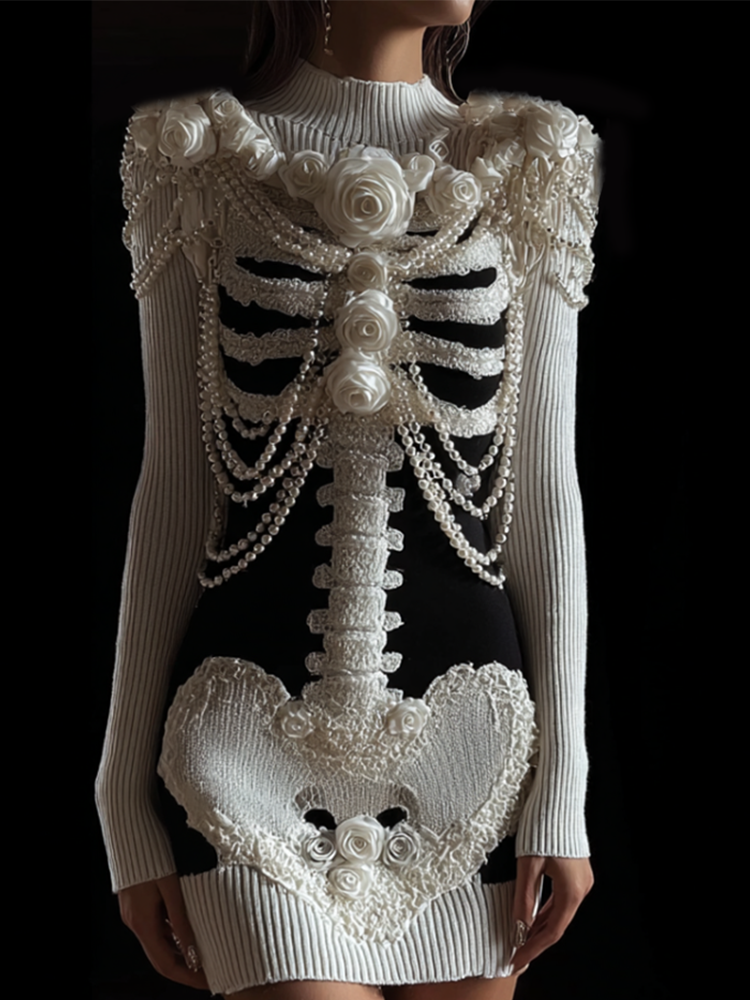 Women's Retro Halloween Line Art Knitted Warm Sweater Dress