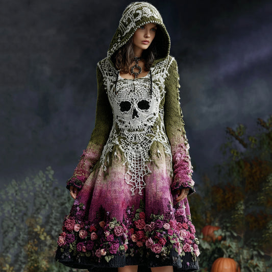Women's Skull Floral Hooded Knit Dress
