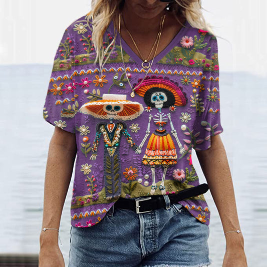 Mexican Sugar Skeleton Couple Catrina Day Of The Dead Inspired Art Inspired Painting V-Neck T-Shirt