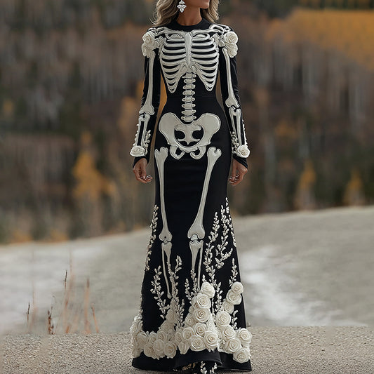 Women's Halloween Skeleton Bones With Rose Art Cozy Long Sleeve Maxi Dress