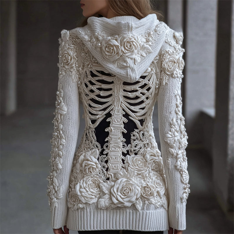 Classy White Roses Beaded Skeleton Hooded Cozy Knit Cardigan
