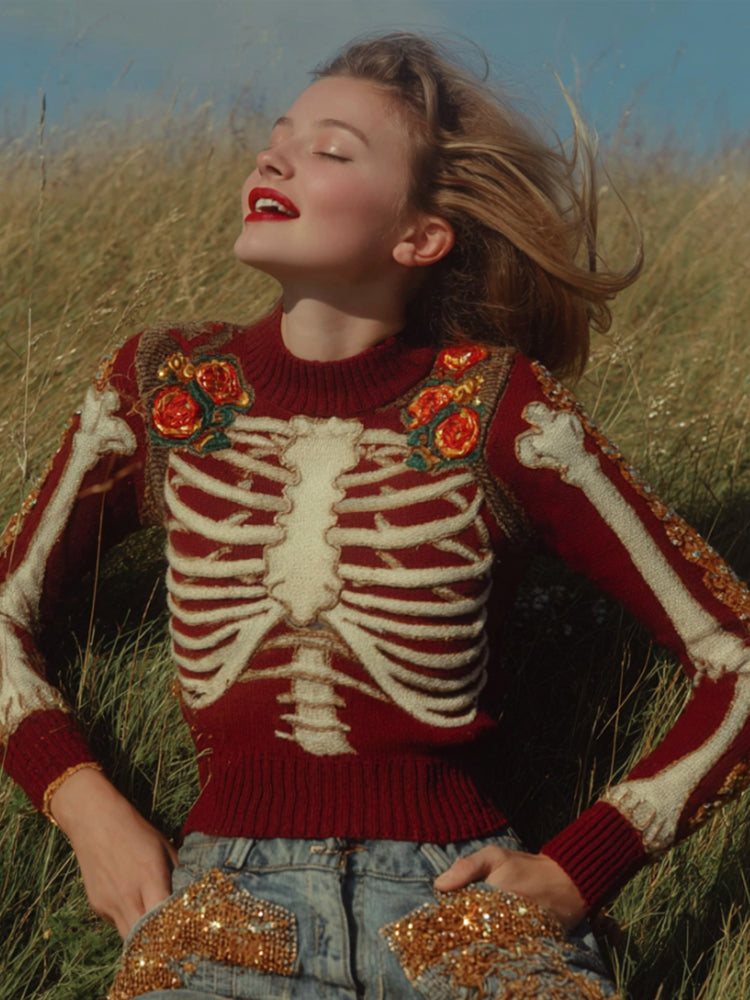 Women's Artistic Sense Halloween Anatomy And Floral Deep Red Round Neck Sweater