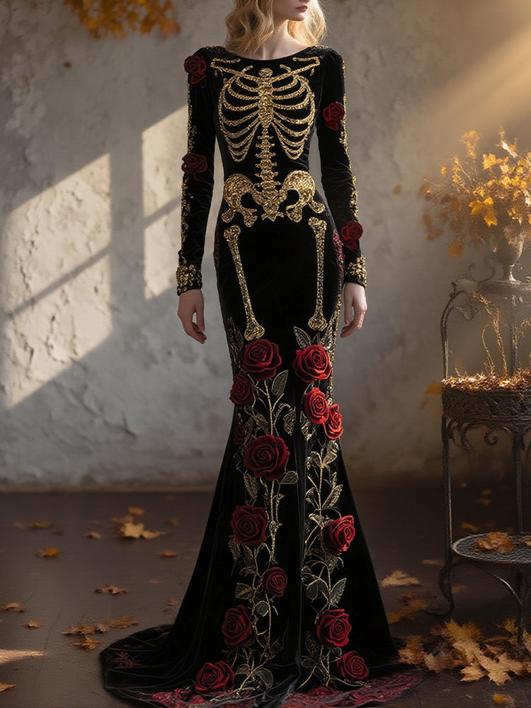 Women's Halloween Red Rose Skeleton Velvet Round Neck Maxi Dress