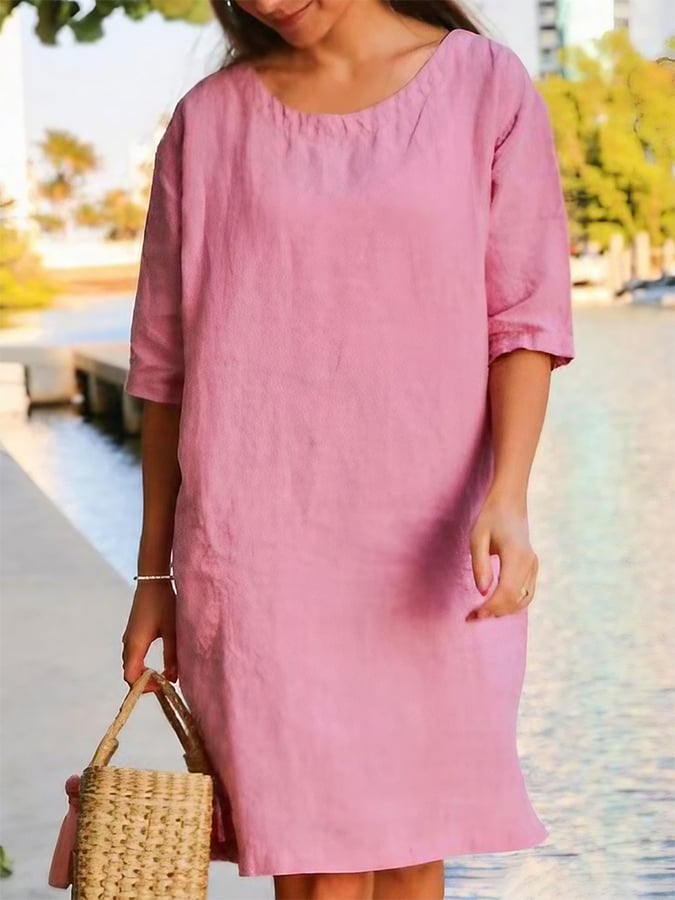 Cotton And Linen Round Neck Solid Color Quarter Sleeved Loose Dress