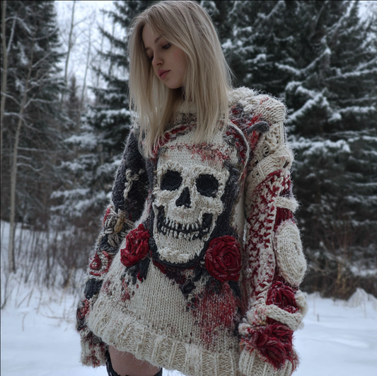 Lady's Halloween Gothic Style Skull Skeleton Pattern Knitted Sweater