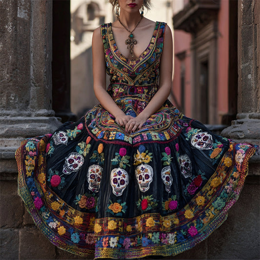 Day Of The Dead Sugar Skulls Floral Embroidered Linen Maxi Dress