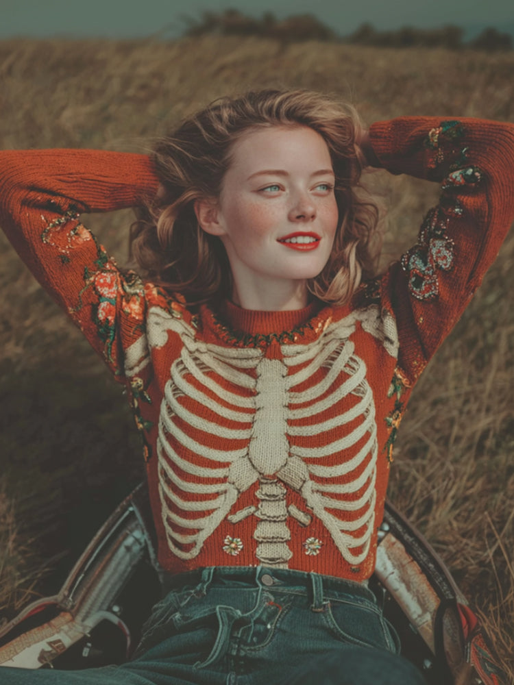 Vintage Halloween Human Anatomy And Flower Round Neck Sweater