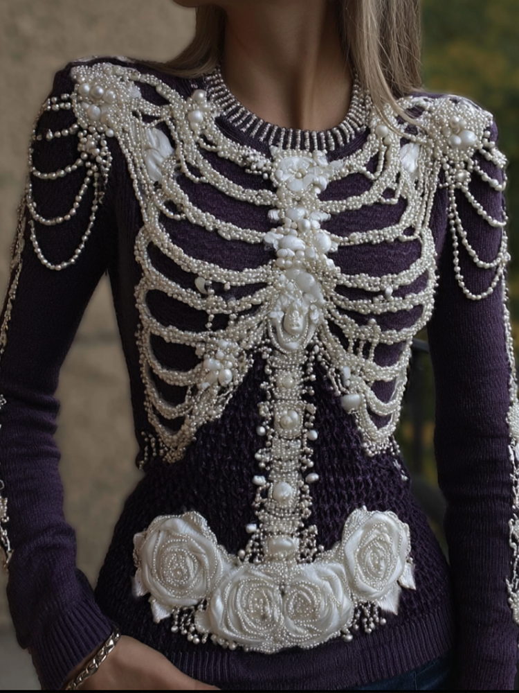 Halloween Women's Plant Flower And Anatomy Design Knit Sweater