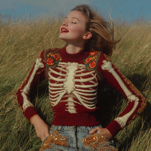 Women's Artistic Sense Halloween Anatomy And Floral Deep Red Round Neck Sweater