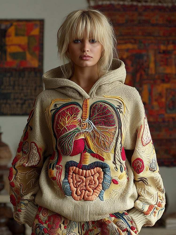 Women's Retro Human Organ Embroidery Art Cozy Knitted Hooded Sweater