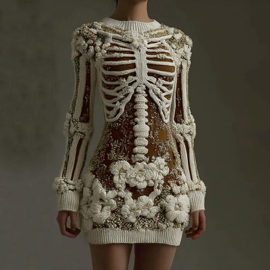 Women's Halloween Skeleton Art Gothic Knit Mini Sweater Dress