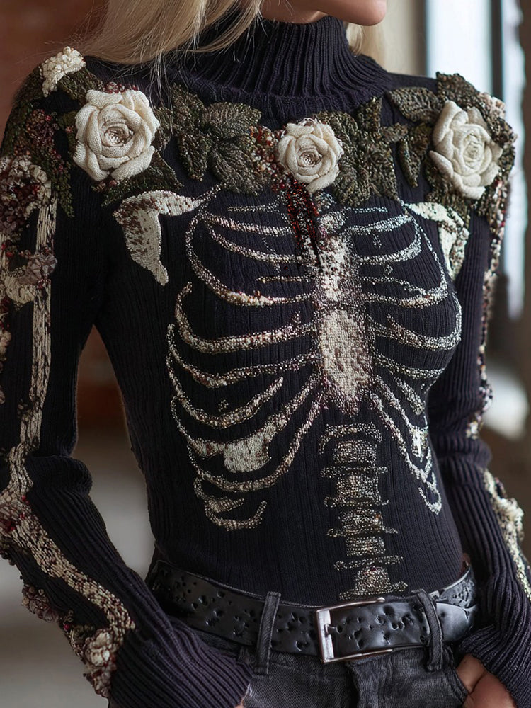 Women's Halloween Bloody Floral & Skeleton Art Turtleneck Slim Sweater