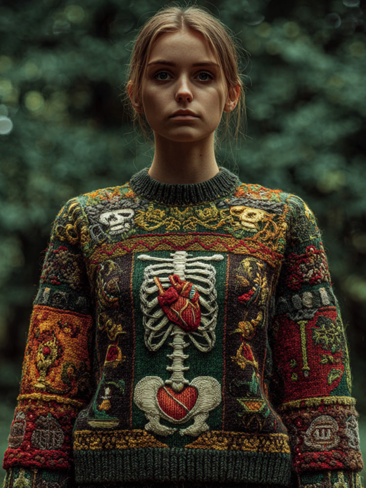 Vintage Halloween Anatomical Heart And Floral Art Sweater