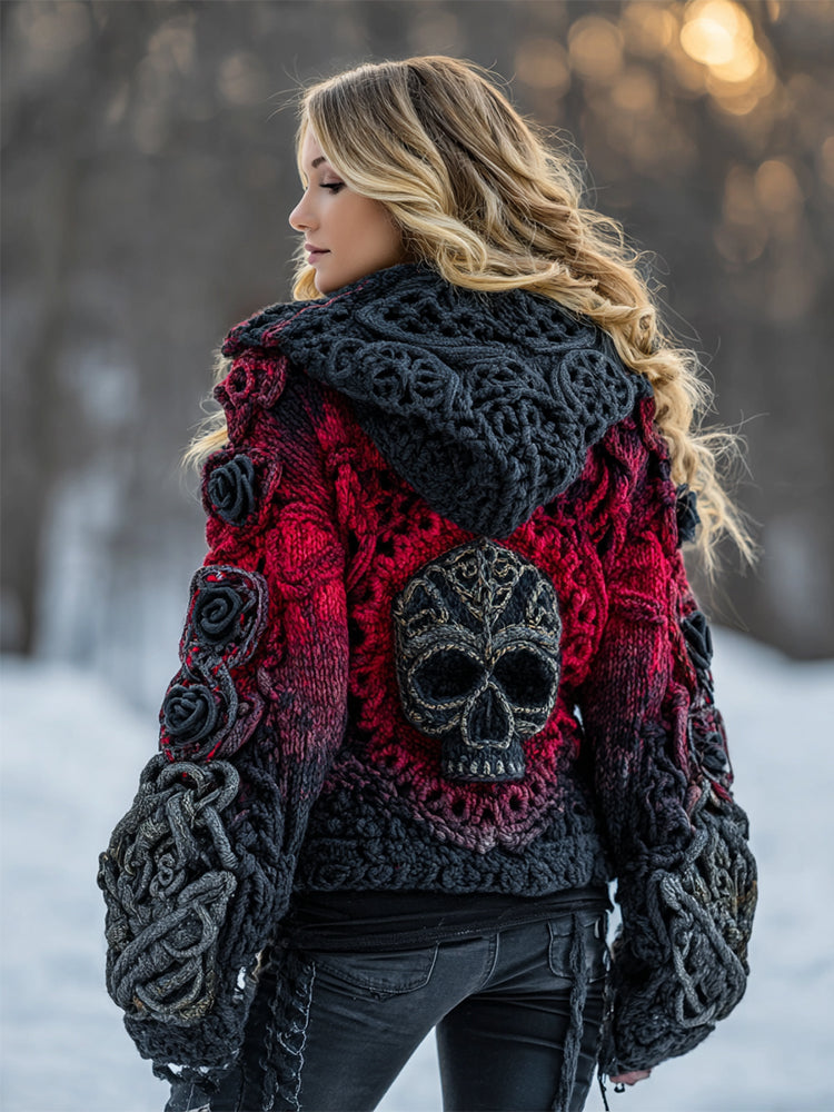 Women's Rose Skull Comfort Gradient Button Sweater Cardigan