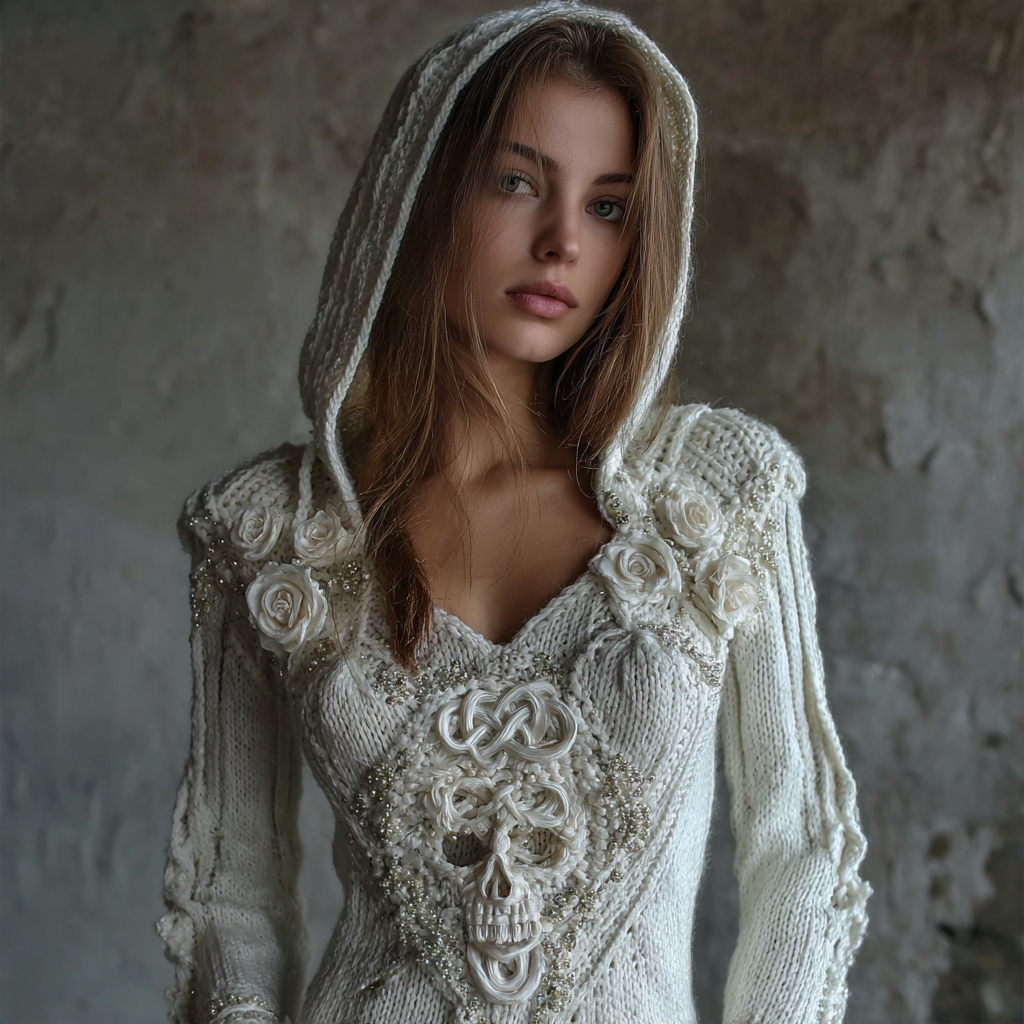 Vintage White Roses Celtic Skull Beaded Hooded Cozy Knit Sweater