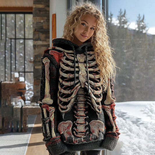 Vintage Halloween Bloody Skeleton Bones Art Chunky Knitted Hooded Sweater