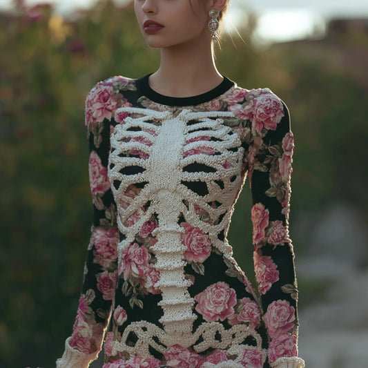 Women's Vintage Halloween Skeleton Bones With Rose Art Cozy Knit Mini Sweater Dress