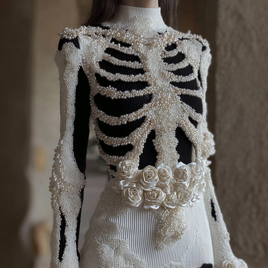 Women's Vintage Halloween Skeleton Bones With Rose Art Cozy Knit Mini Sweater Dress