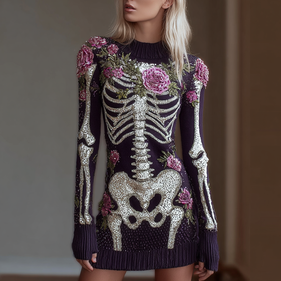 Woman's Round-necked Knitted Sweater Dress With A Skeleton Design Combined With Plant And Flower Patterns For Halloween.