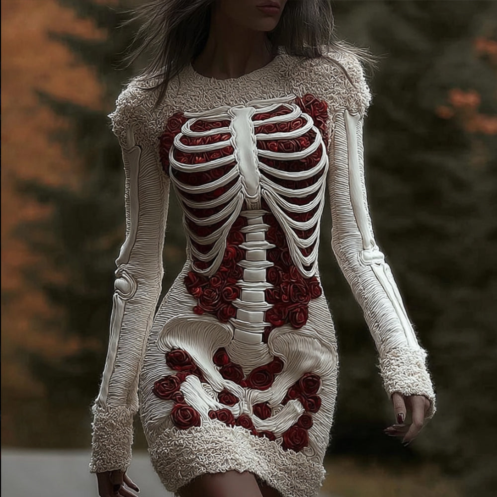 Women's Halloween Skeleton Rose Art Round Neck Mini Skirt