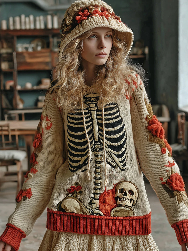 Vintage Halloween Anatomy With Floral Art Chunky Knitted Hooded Sweater