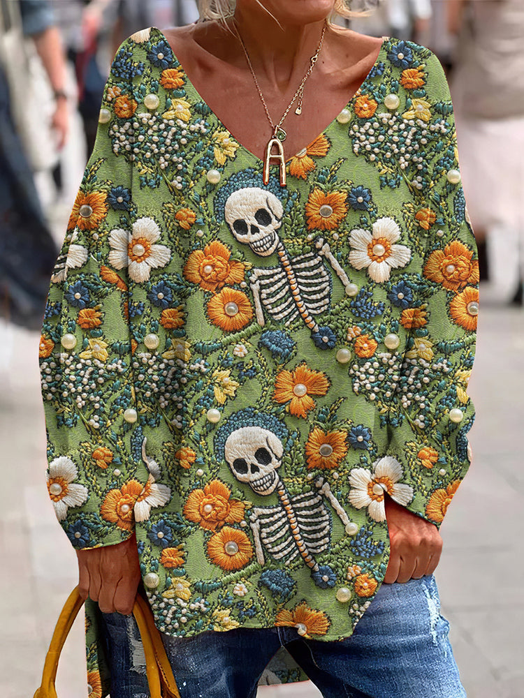 Mexican Day Of The Dead Skull Print V-Neck Loose T-Shirt