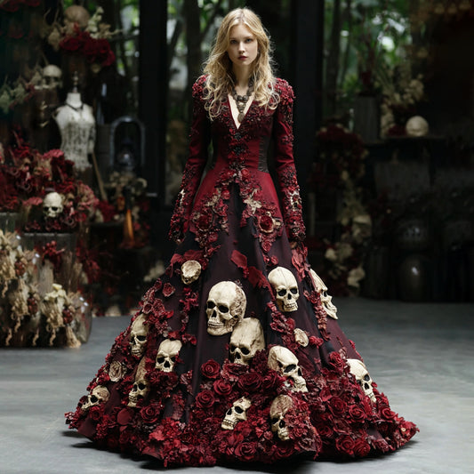 Women's Retro Skull Flower Pattern V-neck Long Sleeve Maxi Dress