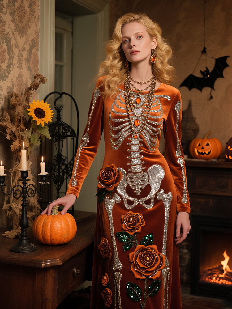 Vintage Halloween Skeleton Bones With Roses Flowy Velvet Maxi Dress
