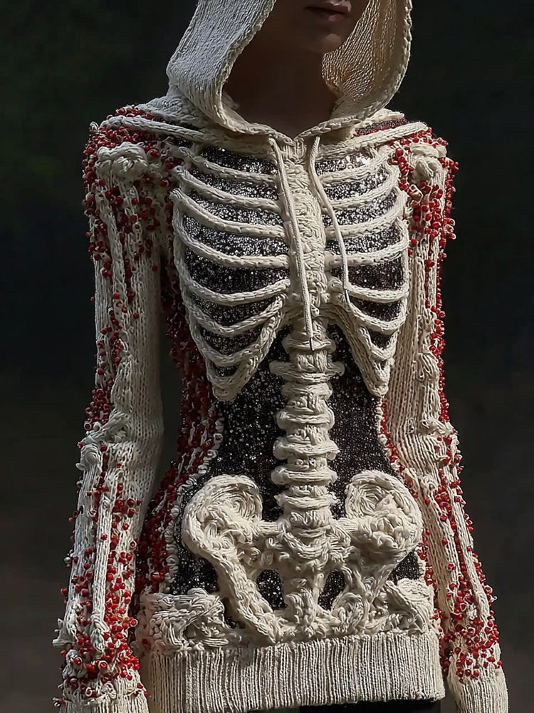 Women's Vintage Halloween Skull And Sequin Art Knitted Warm Hooded Sweater