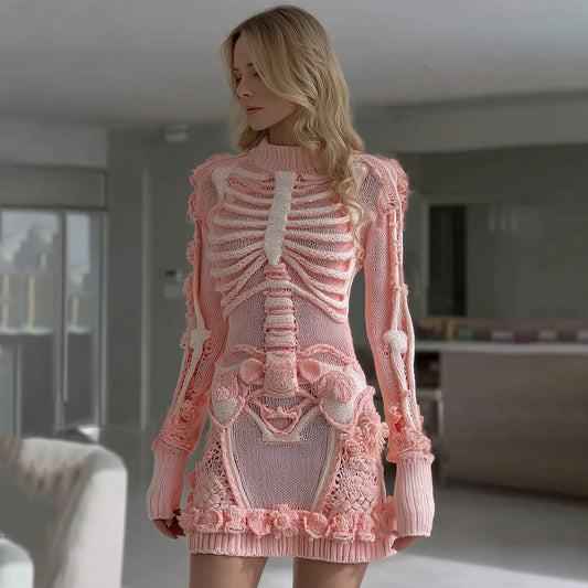 Women's Halloween Skeleton Bones Leather With Rose Pattern Art Hot Sexy Style Cozy Knit Mini Sweater Dress