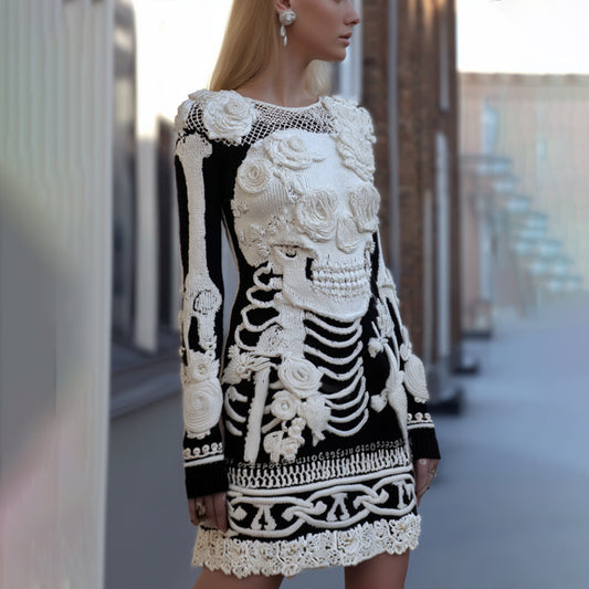 Women's Halloween Skeleton And Rose Lace Knitted Round Neck Skirt