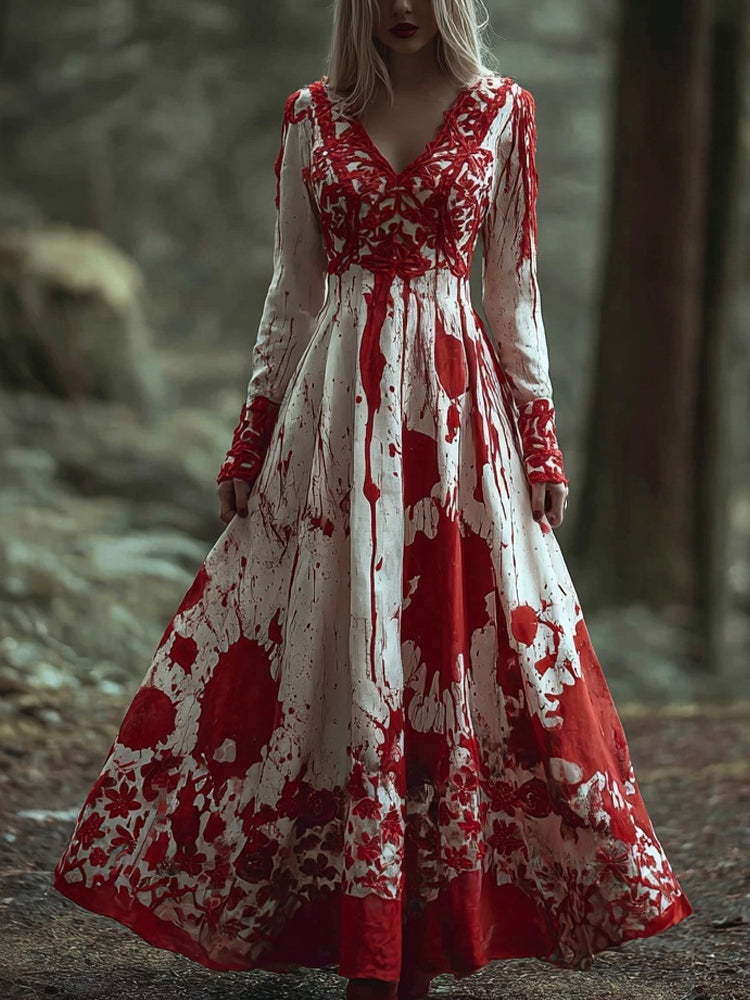 Halloween Blood Stain Inspired Lace Embroidered Linen Maxi Dress