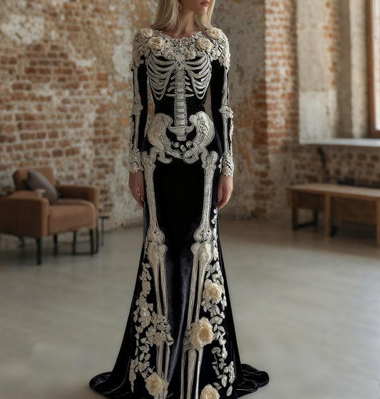 Women's Vintage Halloween Skull Rose Art Velvet Crew Neck Maxi Dress