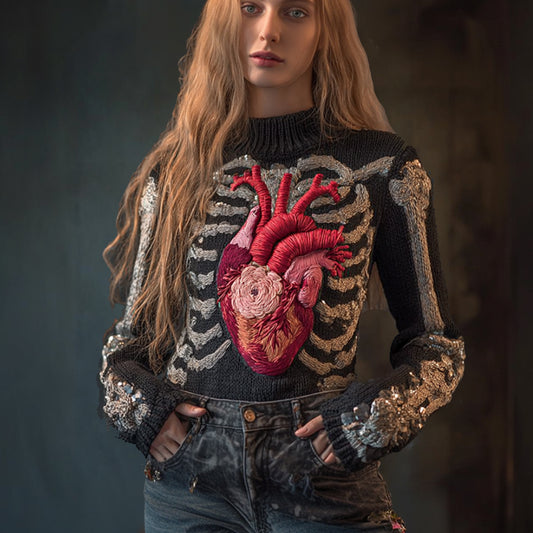 Female Anatomy Art Heart Antique Black Round Neck Sweater