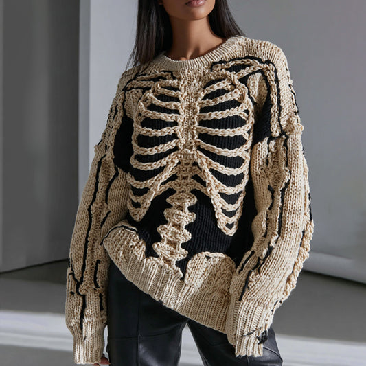 Women's Skeleton Crew Neck Color Block Cozy Sweater