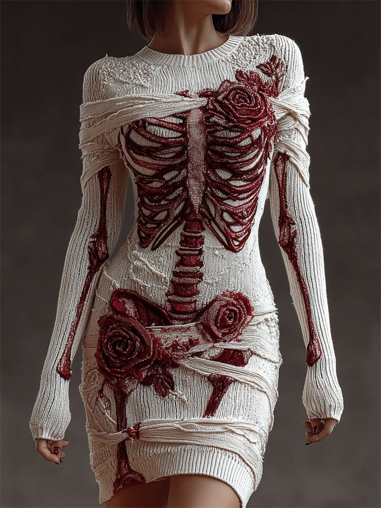 Bloody Skeleton Anatomy Roses Beaded Bandages Cozy Knit Sweater Dress